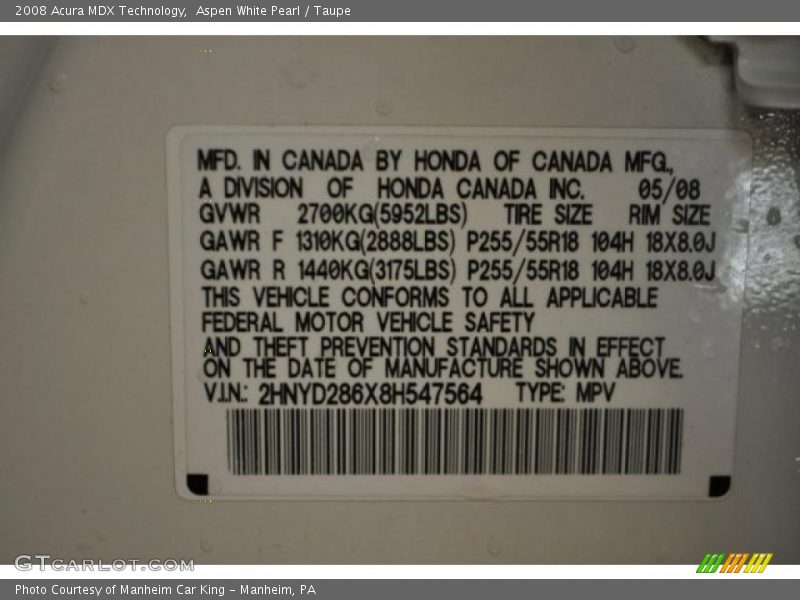 Aspen White Pearl / Taupe 2008 Acura MDX Technology