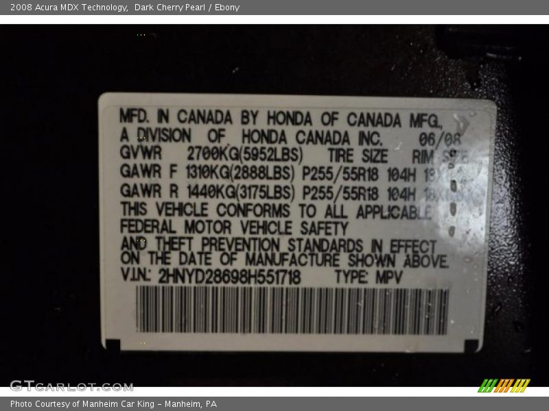 Dark Cherry Pearl / Ebony 2008 Acura MDX Technology