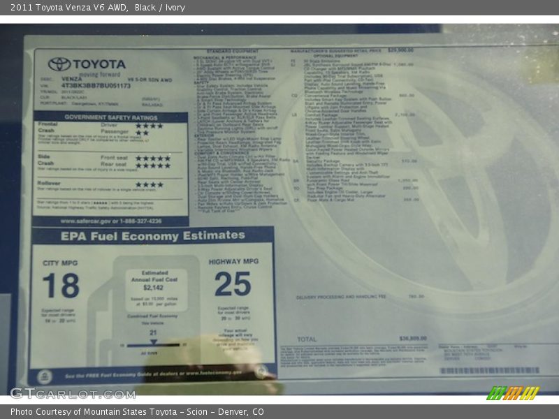  2011 Venza V6 AWD Window Sticker