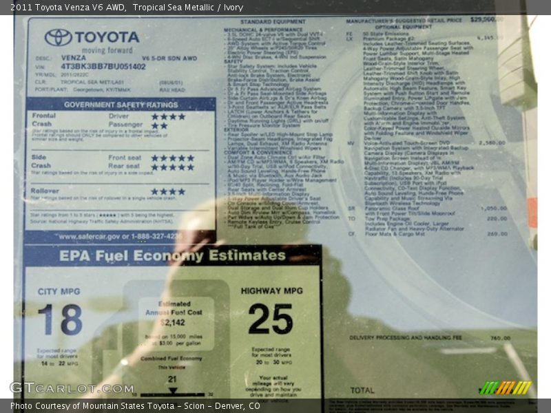  2011 Venza V6 AWD Window Sticker