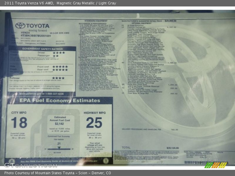  2011 Venza V6 AWD Window Sticker