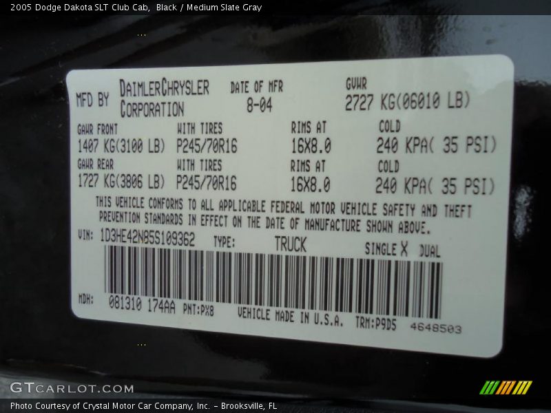 2005 Dakota SLT Club Cab Black Color Code PX8
