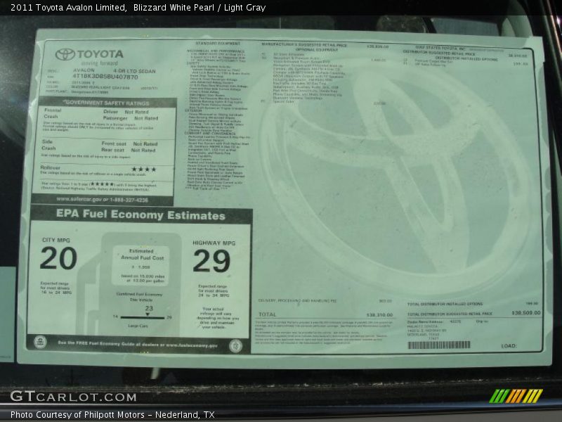 Blizzard White Pearl / Light Gray 2011 Toyota Avalon Limited