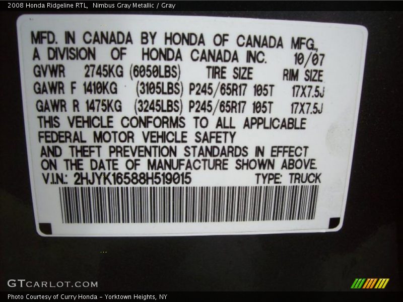 Nimbus Gray Metallic / Gray 2008 Honda Ridgeline RTL
