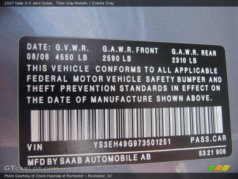 Titan Gray Metallic / Granite Gray 2007 Saab 9-5 Aero Sedan