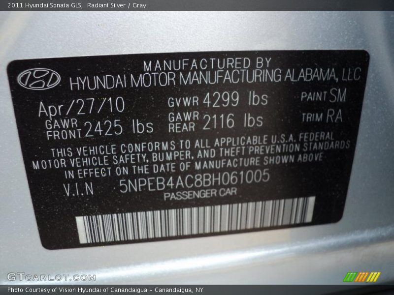 Radiant Silver / Gray 2011 Hyundai Sonata GLS