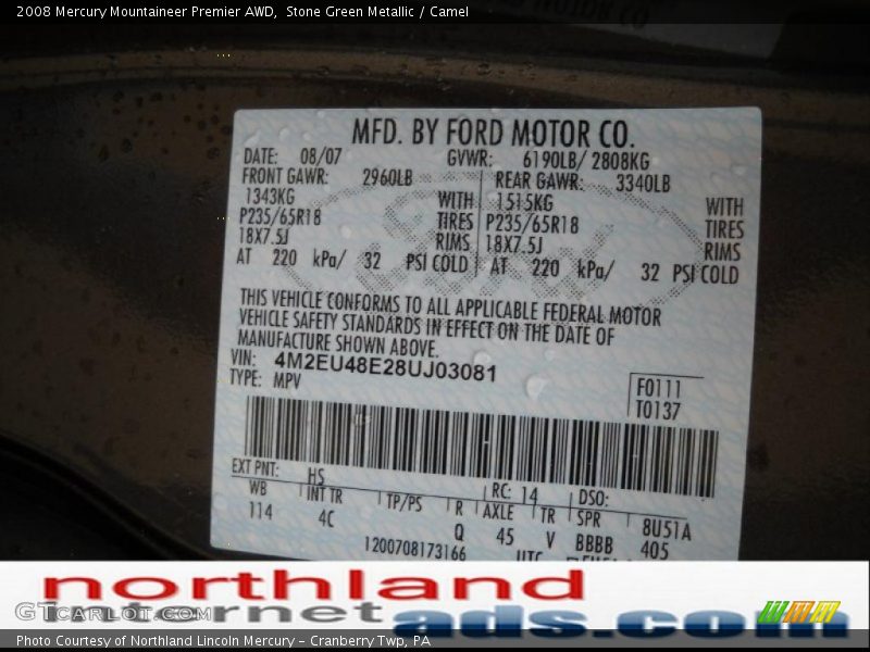 Stone Green Metallic / Camel 2008 Mercury Mountaineer Premier AWD