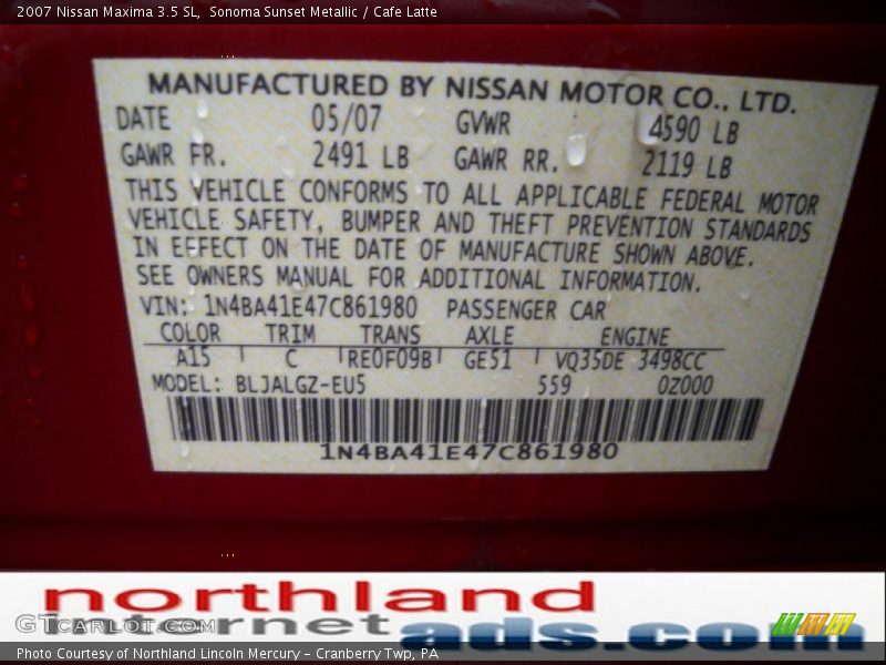 Sonoma Sunset Metallic / Cafe Latte 2007 Nissan Maxima 3.5 SL