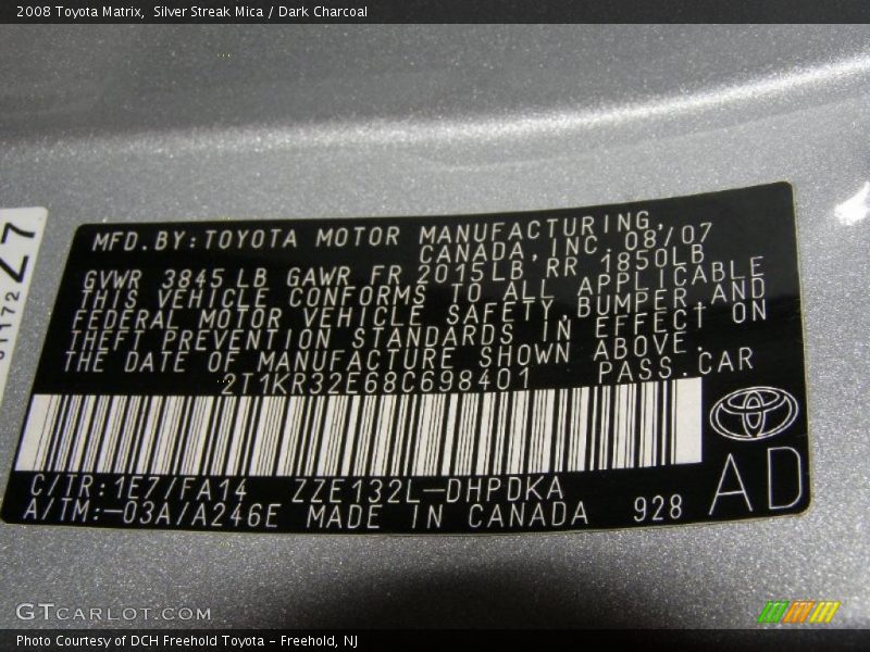 Silver Streak Mica / Dark Charcoal 2008 Toyota Matrix