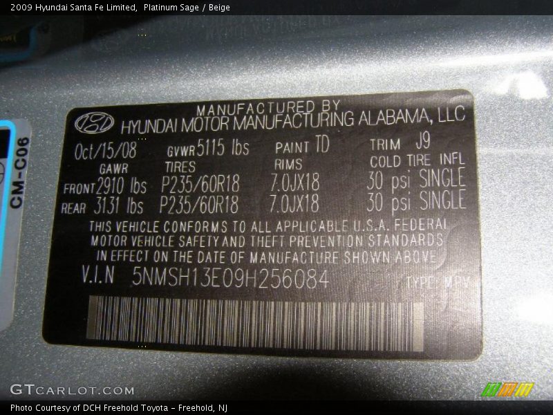 Platinum Sage / Beige 2009 Hyundai Santa Fe Limited