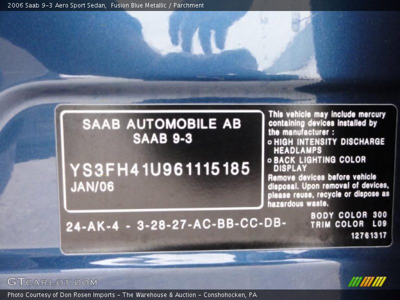 2006 9-3 Aero Sport Sedan Fusion Blue Metallic Color Code 300
