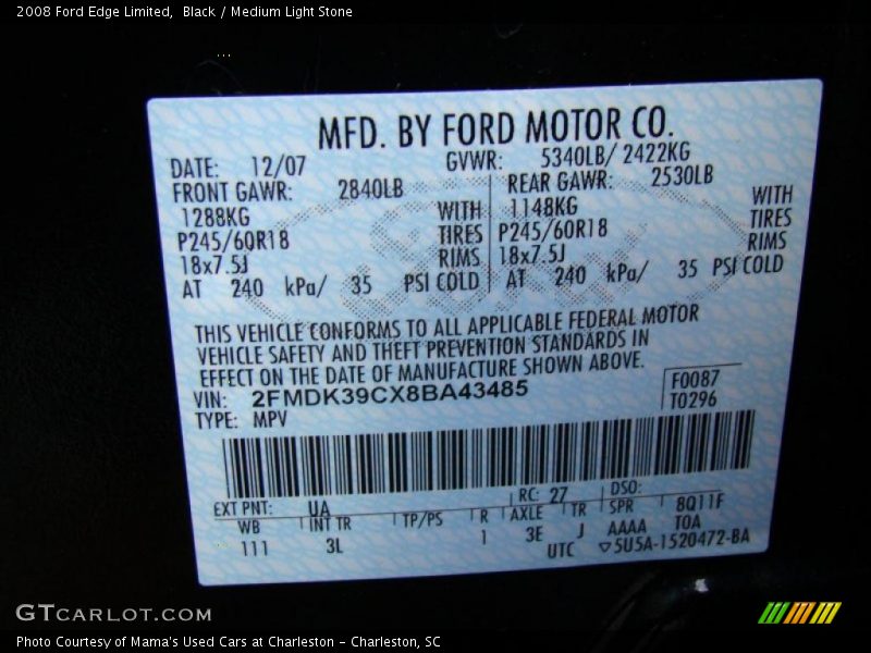 Black / Medium Light Stone 2008 Ford Edge Limited