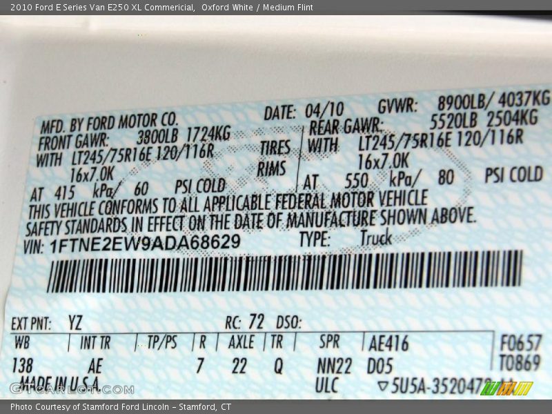 Oxford White / Medium Flint 2010 Ford E Series Van E250 XL Commericial