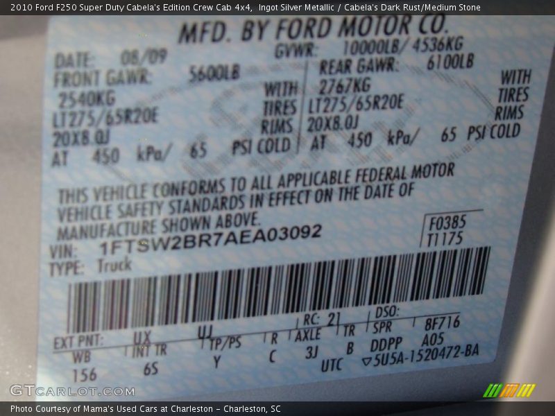 2010 F250 Super Duty Cabela's Edition Crew Cab 4x4 Ingot Silver Metallic Color Code UX