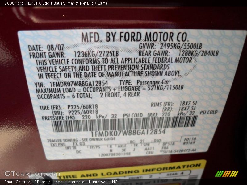 2008 Taurus X Eddie Bauer Merlot Metallic Color Code FX