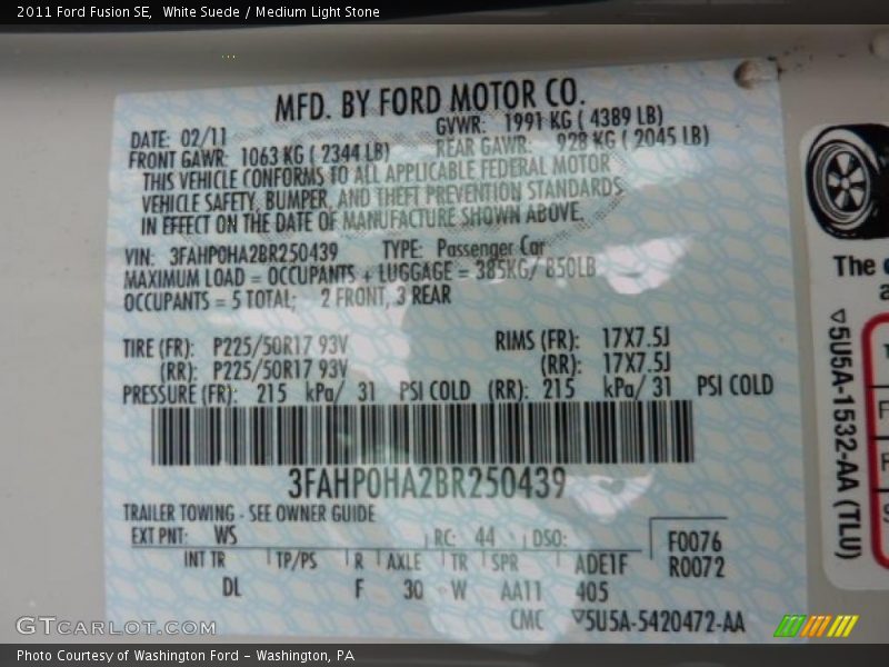 White Suede / Medium Light Stone 2011 Ford Fusion SE