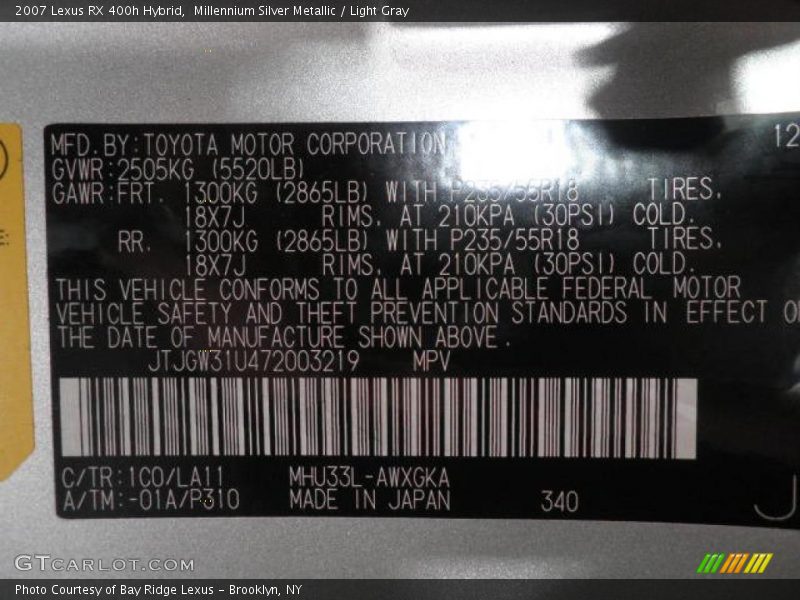 2007 RX 400h Hybrid Millennium Silver Metallic Color Code 1C0
