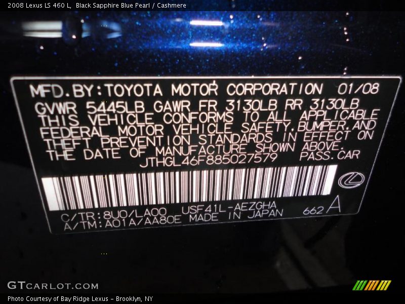 2008 LS 460 L Black Sapphire Blue Pearl Color Code 8U0