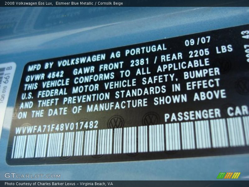 Eismeer Blue Metallic / Cornsilk Beige 2008 Volkswagen Eos Lux