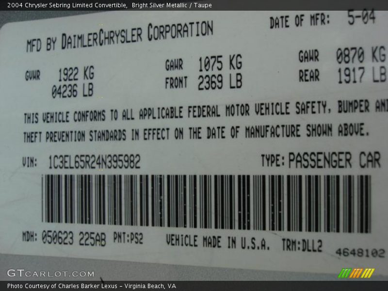 2004 Sebring Limited Convertible Bright Silver Metallic Color Code PS2