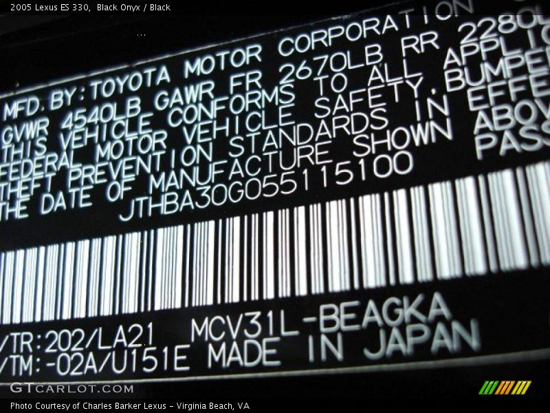 Black Onyx / Black 2005 Lexus ES 330