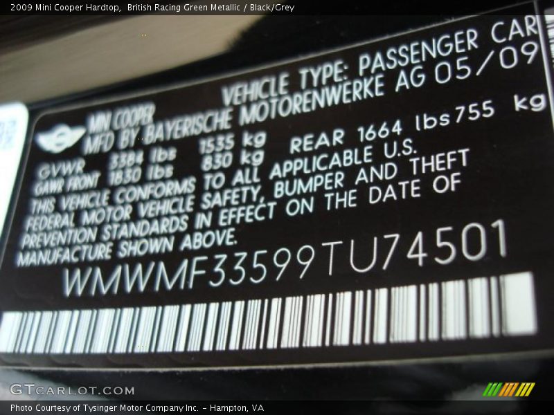 British Racing Green Metallic / Black/Grey 2009 Mini Cooper Hardtop
