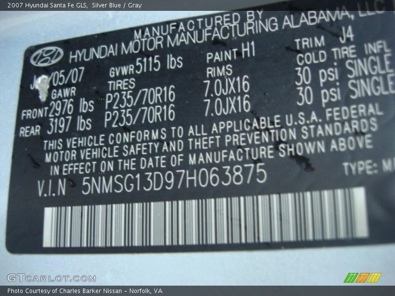 Silver Blue / Gray 2007 Hyundai Santa Fe GLS