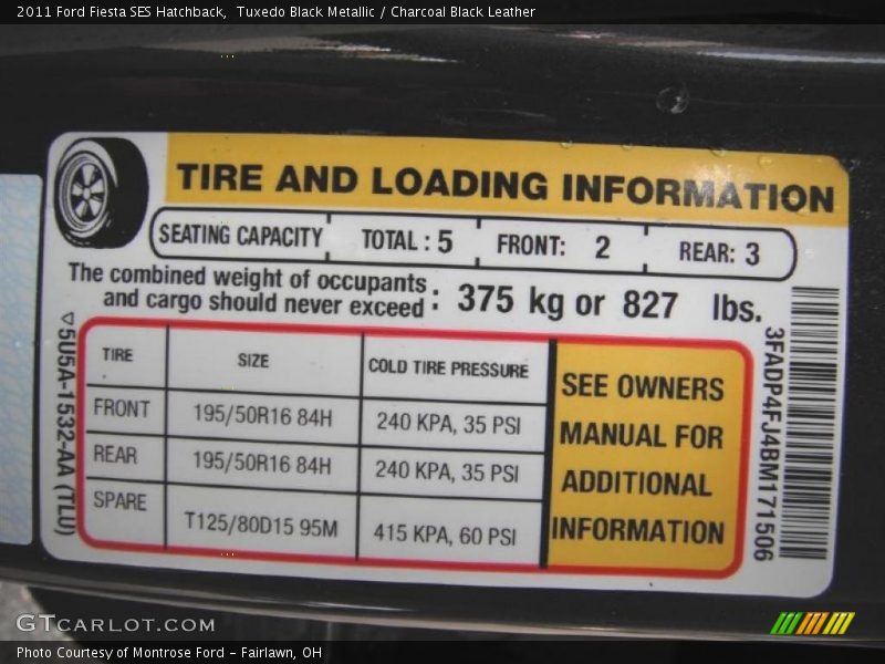 Info Tag of 2011 Fiesta SES Hatchback