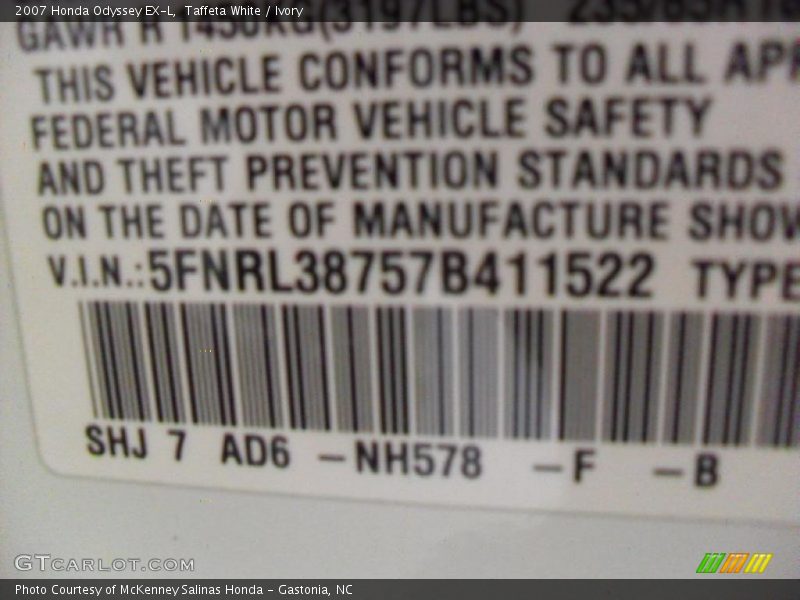 Taffeta White / Ivory 2007 Honda Odyssey EX-L