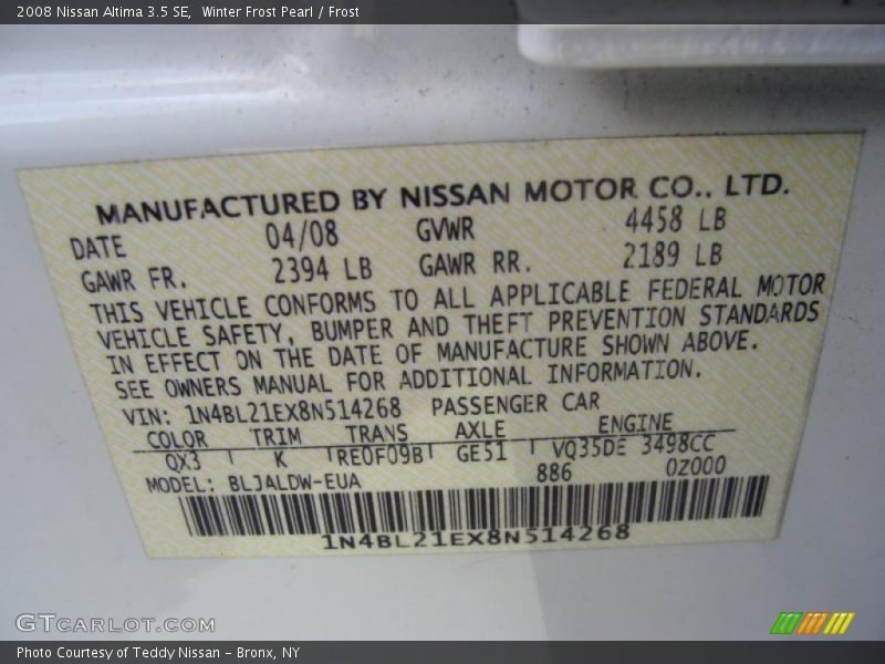 Winter Frost Pearl / Frost 2008 Nissan Altima 3.5 SE