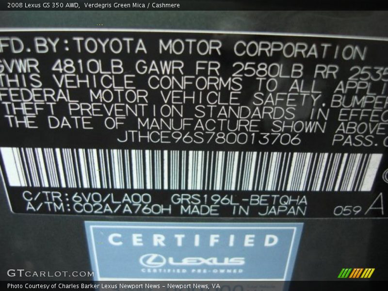 2008 GS 350 AWD Verdegris Green Mica Color Code 6V0