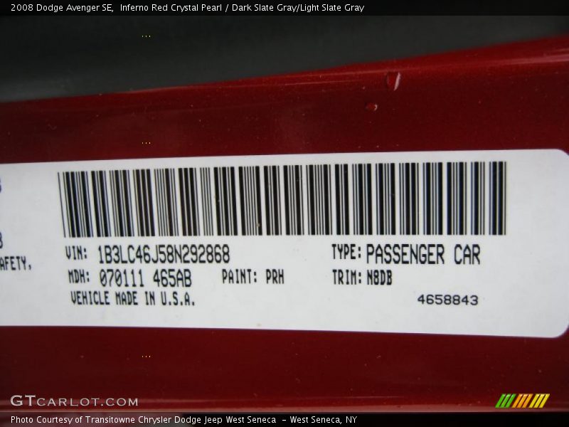 Inferno Red Crystal Pearl / Dark Slate Gray/Light Slate Gray 2008 Dodge Avenger SE