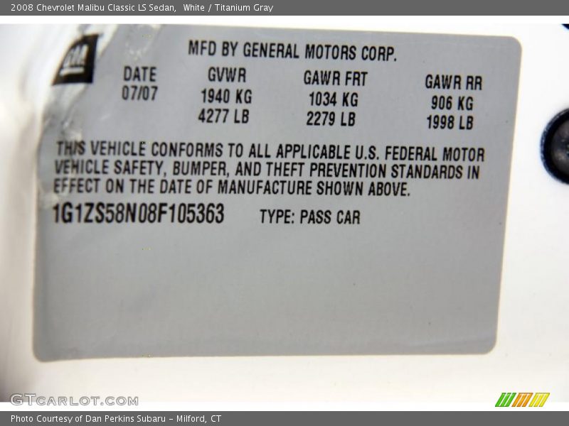 Info Tag of 2008 Malibu Classic LS Sedan