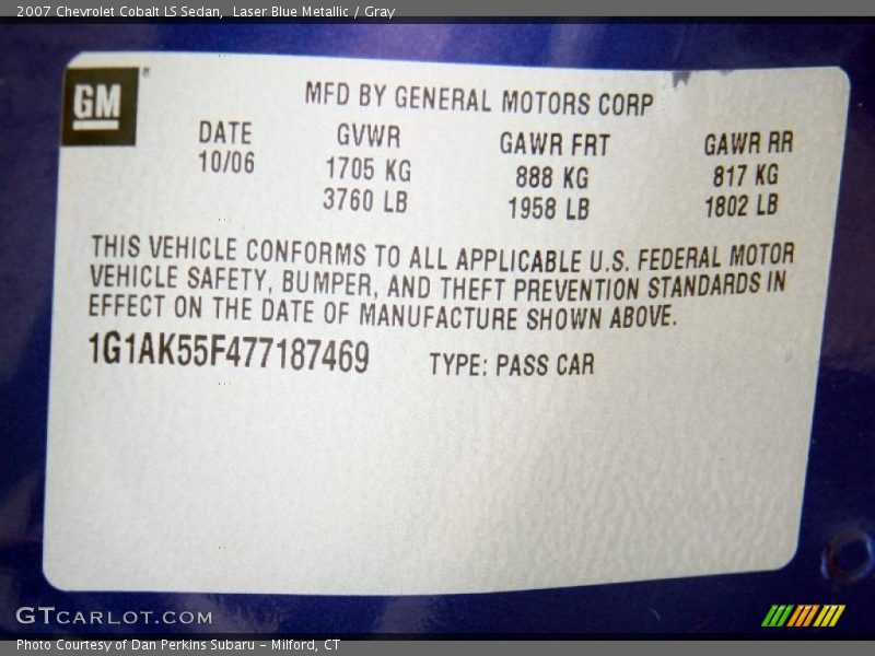 Info Tag of 2007 Cobalt LS Sedan