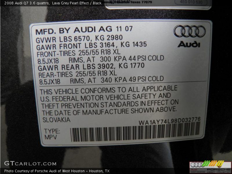 Lava Grey Pearl Effect / Black 2008 Audi Q7 3.6 quattro