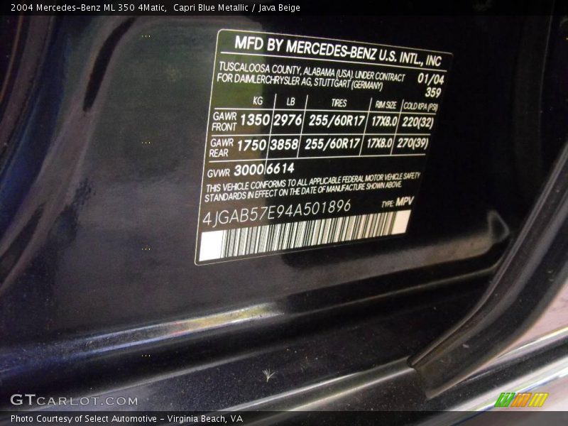 Capri Blue Metallic / Java Beige 2004 Mercedes-Benz ML 350 4Matic