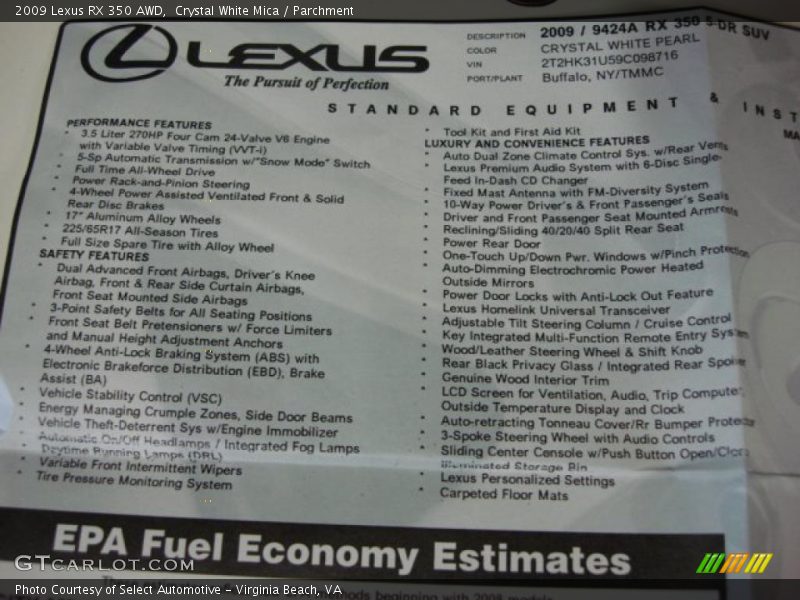  2009 RX 350 AWD Window Sticker