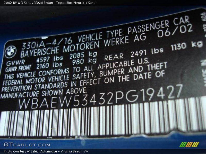 Info Tag of 2002 3 Series 330xi Sedan