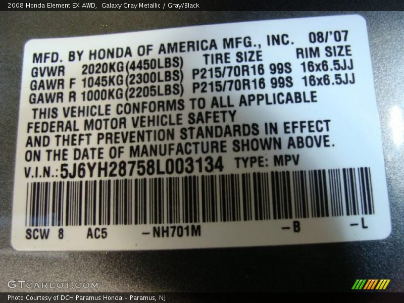 Galaxy Gray Metallic / Gray/Black 2008 Honda Element EX AWD