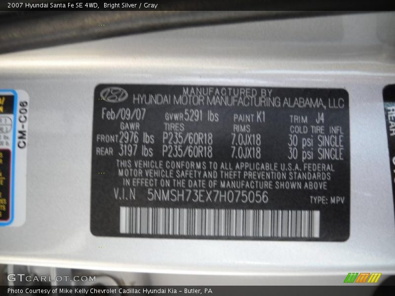 Bright Silver / Gray 2007 Hyundai Santa Fe SE 4WD