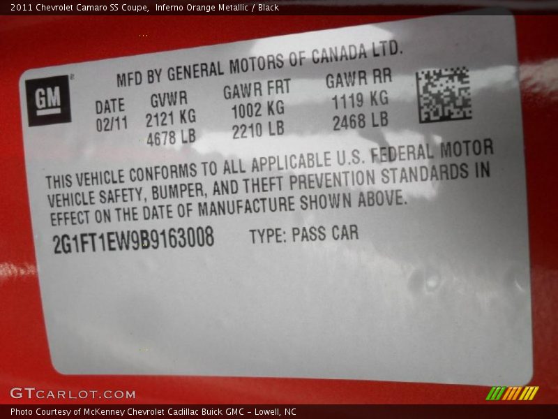 Info Tag of 2011 Camaro SS Coupe