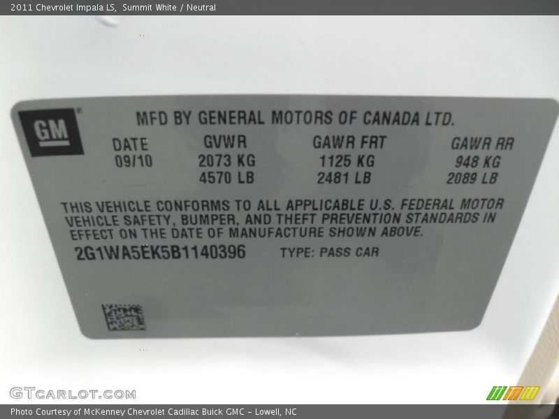 Summit White / Neutral 2011 Chevrolet Impala LS