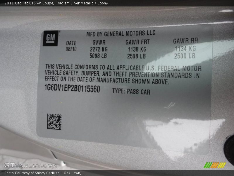 Info Tag of 2011 CTS -V Coupe