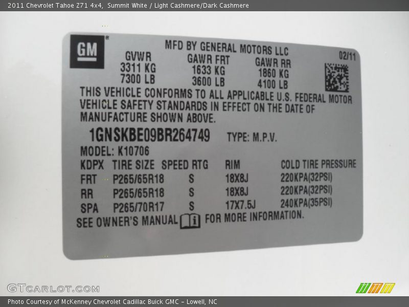 Info Tag of 2011 Tahoe Z71 4x4