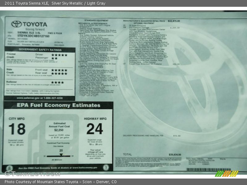  2011 Sienna XLE Window Sticker