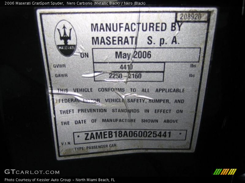 Info Tag of 2006 GranSport Spyder