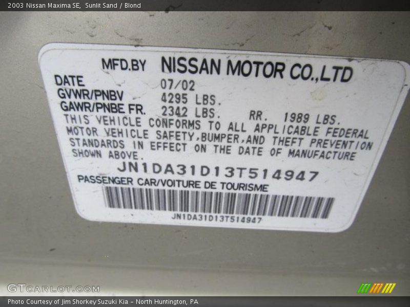 Sunlit Sand / Blond 2003 Nissan Maxima SE