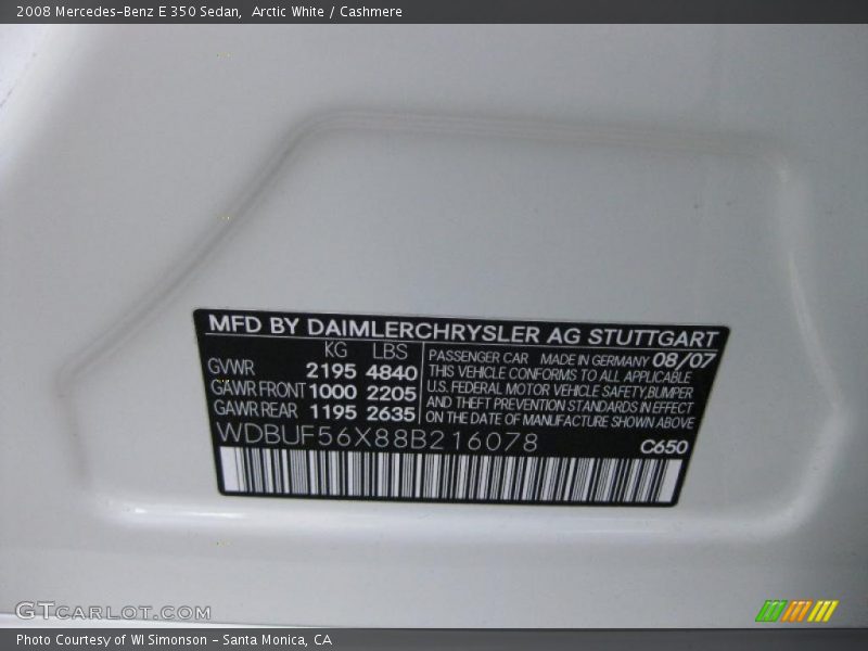 Arctic White / Cashmere 2008 Mercedes-Benz E 350 Sedan