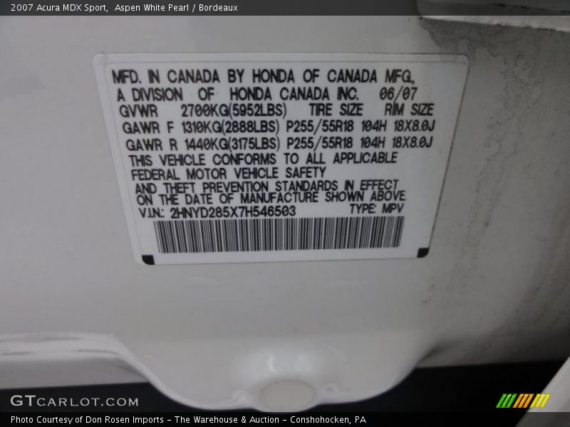 Aspen White Pearl / Bordeaux 2007 Acura MDX Sport