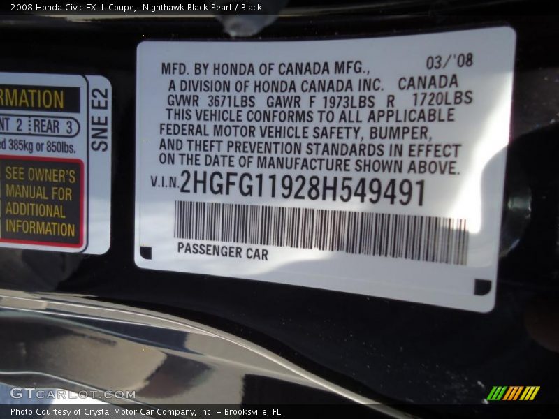 Nighthawk Black Pearl / Black 2008 Honda Civic EX-L Coupe